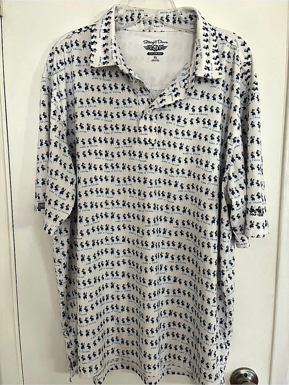 Straight Down Aloha Is Calling Golf Polo White & Blue XL